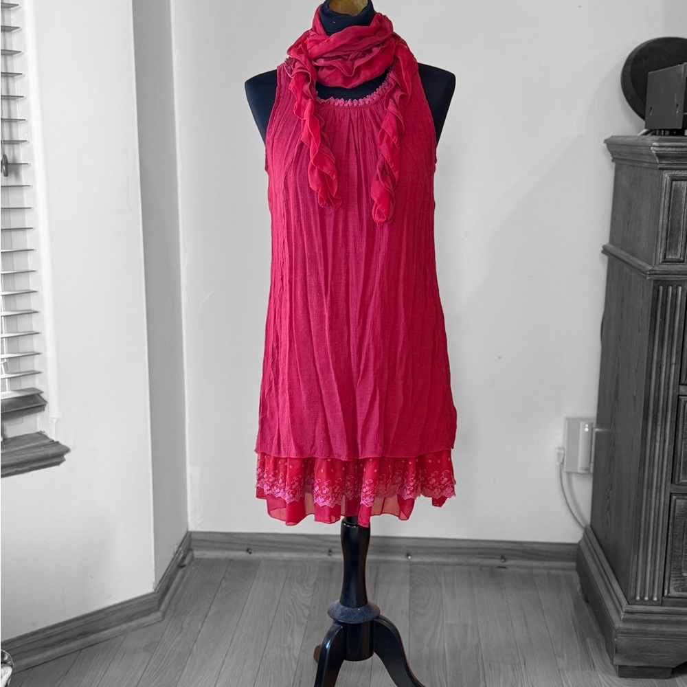 Red Sleeveless Dress with Scarf